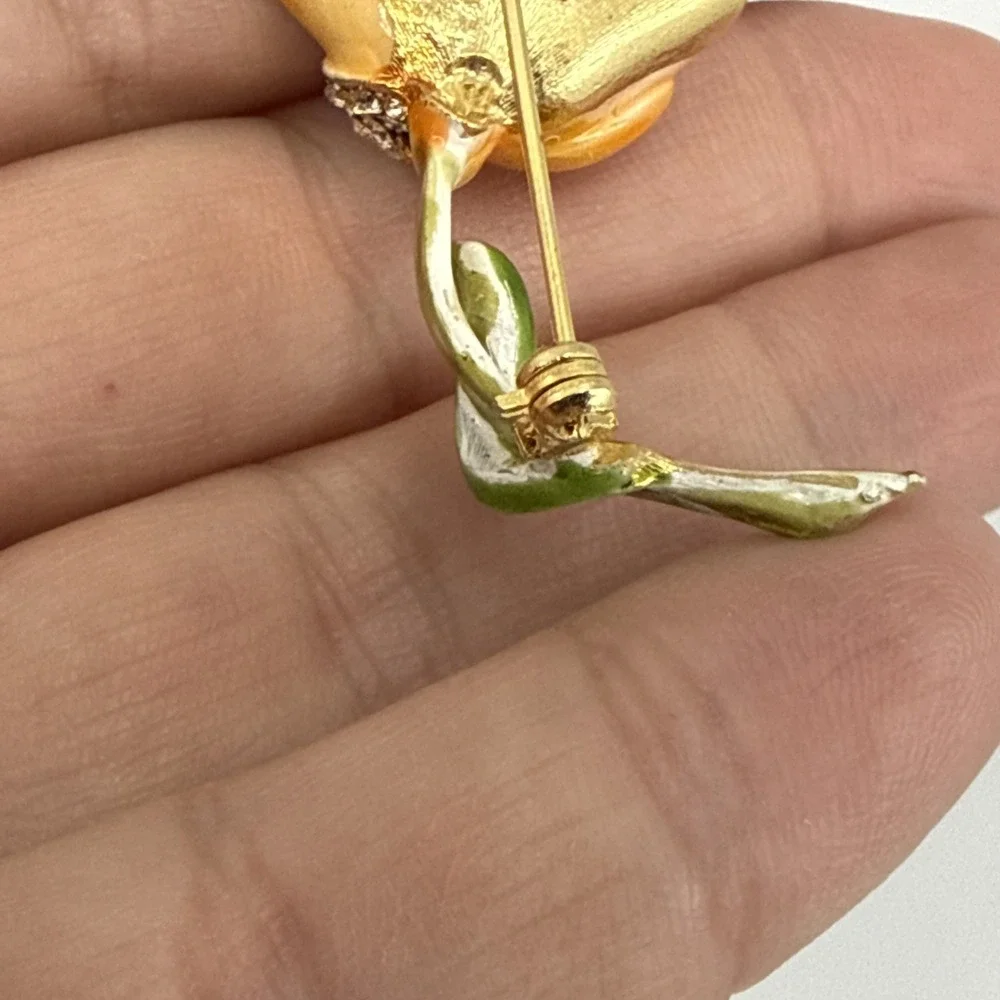 Vintage Kramer Pave Rhinestone Orange Green Enamel Flower Gold Tone Pin Brooch